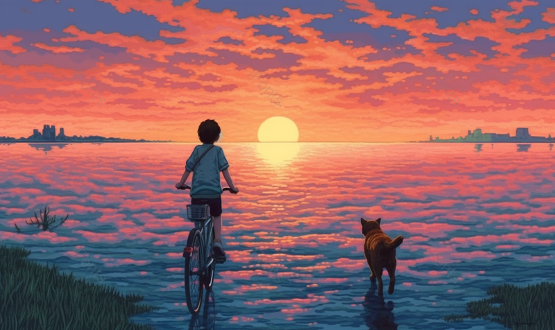 水彩画夕阳下海边骑自行车的男孩手绘插画背景图,插画/手绘图,插画/手绘图库,插画/手绘图下载,插画/手绘
